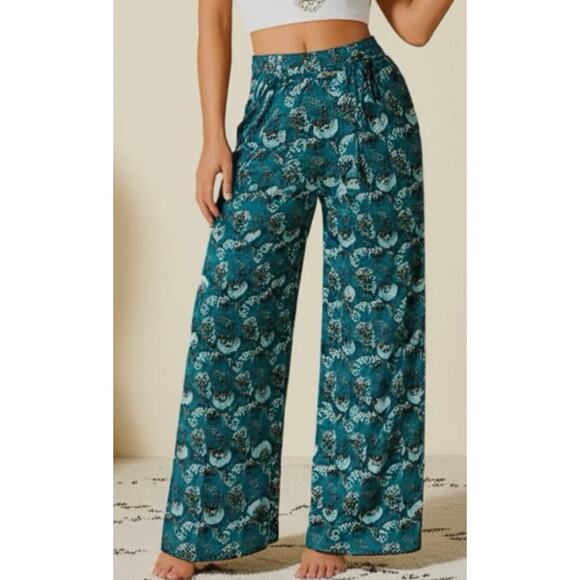 Band of the Free Pants - Band of the Free Elise Teal Floral Boho High Waist Wide Leg Pants Size XS NEW